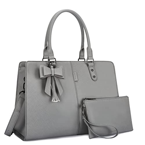 ECOSUSI Handtasche Damen Laptoptasche 15,6 Zoll Shopper Groß Henkeltasche Aktentasche Damen Leder Schultertasche Businesstasche 2-teiliges Set (Grau) von ECOSUSI