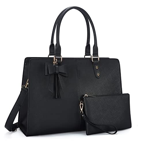 ECOSUSI Handtasche Damen Laptoptasche 15,6 Zoll Shopper Groß Henkeltasche Aktentasche Damen Leder Schultertasche Businesstasche 2-teiliges Set Schwarz von ECOSUSI