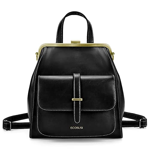 ECOSUSI Rucksack Damen Leder Rucksackhandtaschen Vintage Elegant Handtasche Rucksack Damen 2 in 1 Klein Daypack Tagesrucksack Kunstleder Wasserabweisend Reise Rucksack Schwarz von ECOSUSI