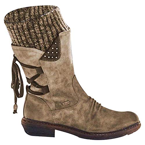 ECOSWAY Damen Mittlere Wadenhohe Stiefel Retro Kunstleder Stiefel Freizeit Kunstleder Niedriger Absatz Winterschuhe - Khaki, 43 von ECOSWAY