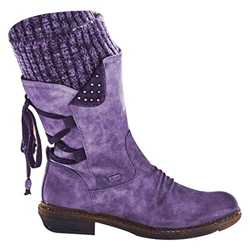 ECOSWAY Damen Mittlere Wadenhohe Stiefel Retro Kunstleder Stiefel Freizeit Kunstleder Niedriger Absatz Winterschuhe - Lila, 39 von ECOSWAY