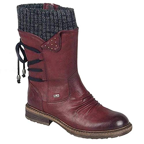 ECOSWAY Damen Mittlere Wadenhohe Stiefel Retro Kunstleder Stiefel Freizeit Kunstleder Niedriger Absatz Winterschuhe - Weinrot, 37 von ECOSWAY
