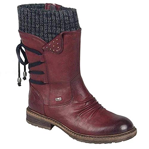 ECOSWAY Damen Mittlere Wadenhohe Stiefel Retro Kunstleder Stiefel Freizeit Kunstleder Niedriger Absatz Winterschuhe - Weinrot, 42 von ECOSWAY