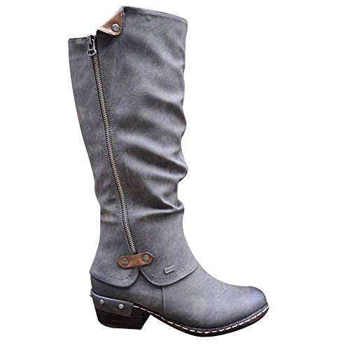 ECOSWAY Damen Western Cowboy Kniehoch Punk Stiefel, Niedriger Absatz Runder Kopf Seite Zippper Leder Stiefel, Wasserfest Kunstleder Mittlere Rohr Stiefel - Grau, 43 von ECOSWAY