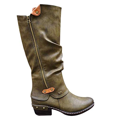 ECOSWAY Damen Western Cowboy Kniehoch Punk Stiefel, Niedriger Absatz Runder Kopf Seite Zippper Leder Stiefel, Wasserfest Kunstleder Mittlere Rohr Stiefel - Grün, 43 von ECOSWAY