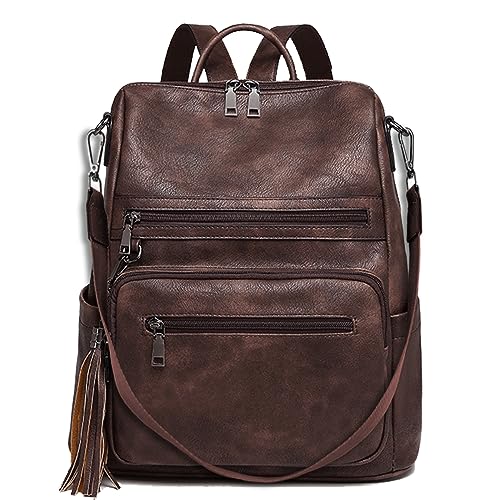 Damen-Rucksack veganem Leder Groß Stylisch Frauen Designer Schultertasche Reiserucksack mit Quaste Cityrucksack Rucksacktasche (coffee) von ECOTISH