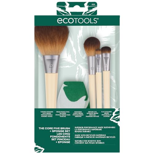 EcoTools Core Five Make-up-Pinsel- und Schwamm-Set, für Lidschatten, Rouge, Bronzer, Eyeliner und Foundation, Make-up Blending Schwamm, Pinsel Essentials, 5-teiliges Set von ECOTOOLS