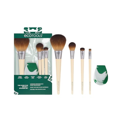 EcoTools Core Five Make-up-Pinsel- und Schwamm-Set, für Lidschatten, Rouge, Bronzer, Eyeliner und Foundation, Make-up Blending Schwamm, Pinsel Essentials, 5-teiliges Set von ECOTOOLS