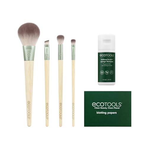 EcoTools Limited Edition Merry Must-Haves Kit, Gesichts- und Lidschatten-Make-up-Pinsel, Pinsel-Shampoo & Reiniger, Löschpapier für mattes Make-up, umweltfreundlich, 6-teiliges Geschenkset von ECOTOOLS