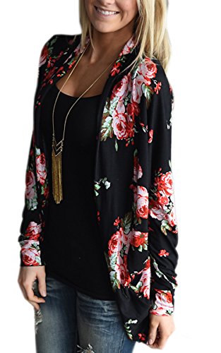 ECOWISH Damen Blumenmuster Strickjacke Cardigan Langarmshirt Lose Oberteil Mantel Jacke Schwarz M ,EU M Schwarz von ECOWISH