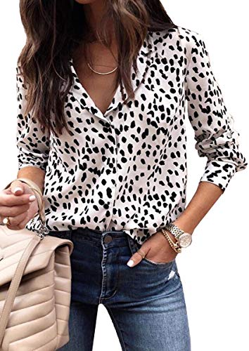 ECOWISH Damen Bluse Leopardenmuster Hemd V Ausschnitt Button Down Shirt Kragen Langarmshirt Oberteile Top 235 Weiß L von ECOWISH