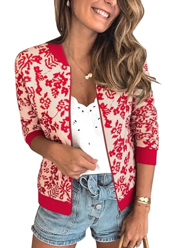 ECOWISH Damen Casual Jacke Blumenmuster Langarm Bomberjacke Reißverschluss Stehkragen Outwear Kurz Coat Herbst Frühling 03Rot L von ECOWISH