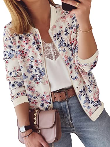ECOWISH Damen Casual Jacke Blumenmuster Langarm Bomberjacke Reißverschluss Stehkragen Outwear Kurz Coat Herbst Frühling 03Blaue Blumen XL von ECOWISH