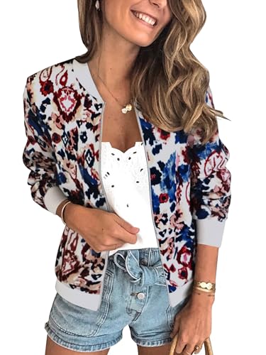 ECOWISH Damen Casual Jacke Blumenmuster Langarm Bomberjacke Reißverschluss Stehkragen Outwear Kurz Coat Herbst Frühling 03Leopard Blumen XL von ECOWISH