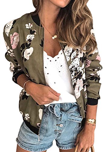 ECOWISH Damen Casual Jacke Blumenmuster Langarm Bomberjacke Reißverschluss Stehkragen Outwear Kurz Coat Herbst Frühling 333Armeegrün Large von ECOWISH