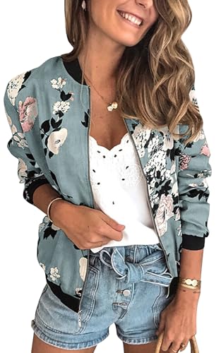 ECOWISH Damen Casual Jacke Blumenmuster Langarm Bomberjacke Reißverschluss Stehkragen Outwear Kurz Coat Herbst Frühling 333Blau L von ECOWISH