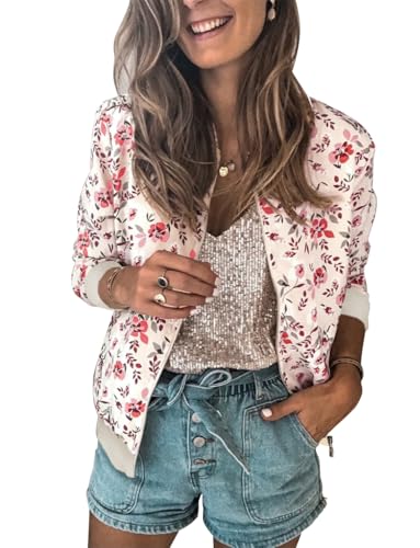 ECOWISH Damen Casual Jacke Blumenmuster Langarm Bomberjacke Reißverschluss Stehkragen Outwear Kurz Coat Herbst Frühling 333pink Small von ECOWISH