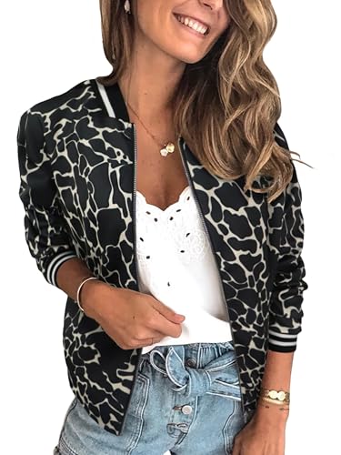 ECOWISH Damen Casual Jacke Blumenmuster Langarm Bomberjacke Reißverschluss Stehkragen Outwear Kurz Coat Herbst Frühling 337Khaki S von ECOWISH