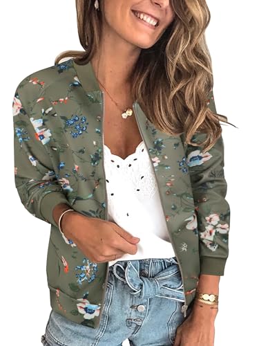 ECOWISH Damen Casual Jacke Blumenmuster Langarm Bomberjacke Reißverschluss Stehkragen Outwear Kurz Coat Herbst Frühling Armee Grün M von ECOWISH