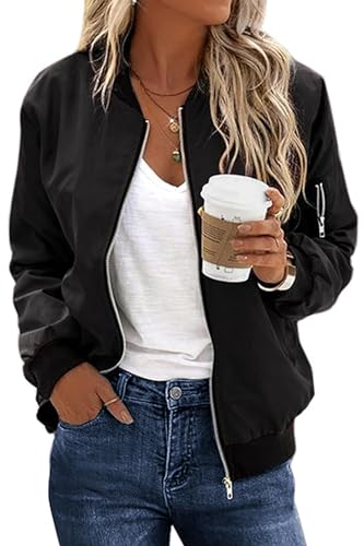 ECOWISH Damen Casual Jacke Blumenmuster Langarm Bomberjacke Reißverschluss Stehkragen Outwear Kurz Coat Herbst Frühling S-Schwarz L von ECOWISH