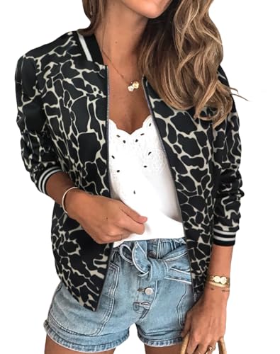 ECOWISH Damen Casual Jacke Blumenmuster Langarm Bomberjacke Reißverschluss Stehkragen Outwear Kurz Coat Herbst Frühling 337Khaki S von ECOWISH