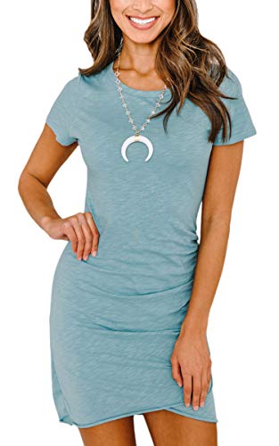 ECOWISH Damen Enges Kleid Sommerkleid Rundhals Kurzarm Kleid Bodycon Unregelmäßig Minikleid Blau L von ECOWISH