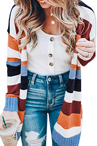 ECOWISH Damen Herbst Strickjacke Casual Gestreift Cardigan Bunt Outwear Lose Strickpullover Langarm Coat Bunt L von ECOWISH