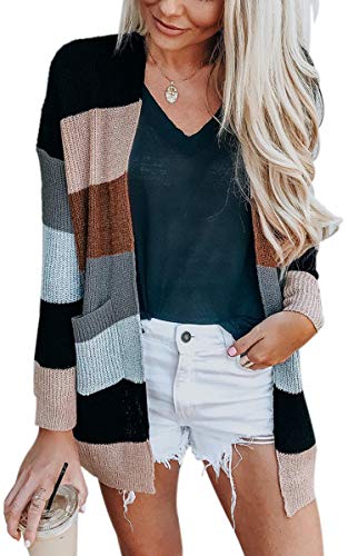 ECOWISH Damen Herbst Strickjacke Casual Gestreift Cardigan Bunt Outwear Lose Strickpullover Langarm Coat Schwarz L von ECOWISH