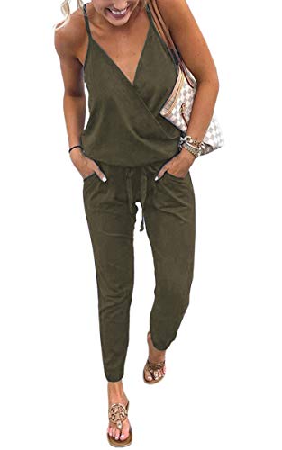 ECOWISH Damen Jumpsuit Lang V Ausschnitt Overall Sommer Ärmellos Hosenanzug Träger Playsuit Romper Grün L von ECOWISH