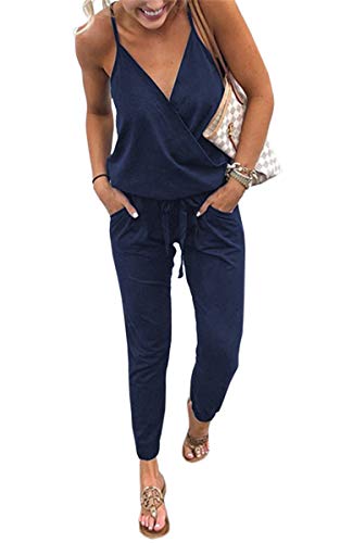 ECOWISH Damen Jumpsuit Lang V Ausschnitt Overall Sommer Ärmellos Hosenanzug Träger Playsuit Romper Navy Blau L von ECOWISH