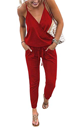 ECOWISH Damen Jumpsuit Lang V Ausschnitt Overall Sommer Ärmellos Hosenanzug Träger Playsuit Romper Rot M von ECOWISH