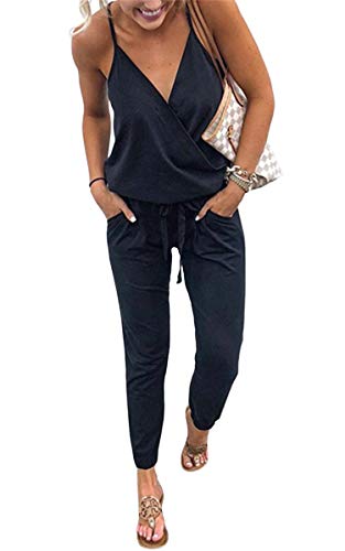 ECOWISH Damen Jumpsuit Lang V Ausschnitt Overall Sommer Ärmellos Hosenanzug Träger Playsuit Romper Schwarz L von ECOWISH