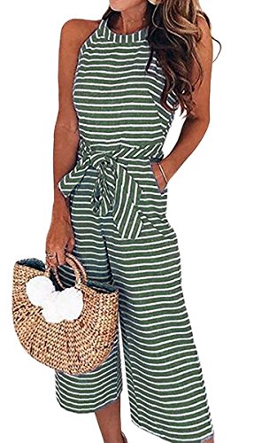 ECOWISH Damen Jumpsuit Sommer Overall Sexy Gestreiften Hosenanzug Ärmellos Playsuit Breites Bein Romper 0930Grün L von ECOWISH