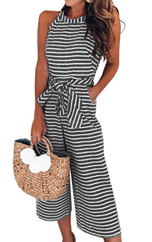 ECOWISH Damen Jumpsuit Sommer Overall Sexy Gestreiften Hosenanzug Ärmellos Playsuit Breites Bein Romper 0930Schwarz S von ECOWISH