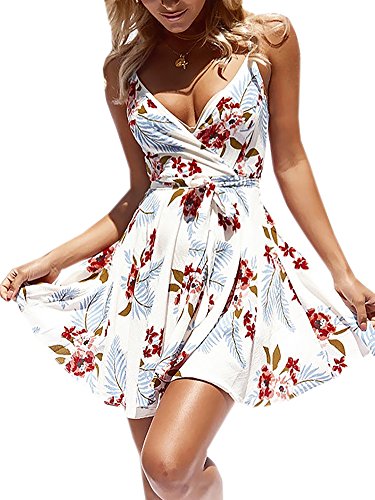 ECOWISH Damen Kleid Sommerkleid V-Ausschnitt Ärmellos Blumendruck Spaghetti Strap Mini Swing Strandkleid Mit Gürtel Weiß L von ECOWISH