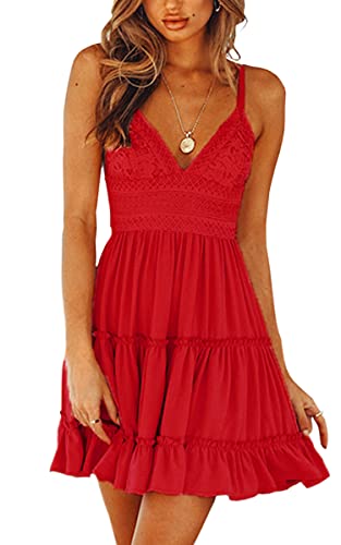 ECOWISH Damen-Kleid mit V-Ausschnitt, Spaghettiträger, Schleife, rückenfrei, ärmellos, Spitze, Rot/Ausflug, einfarbig (Getaway Solids), X-Groß von ECOWISH