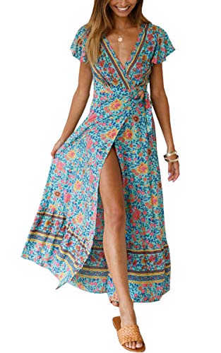 ECOWISH Damen Kleider Boho Sommerkleid V-Ausschnitt Maxikleid Kurzarm Strandkleid Lang mit Schlitz Grün S von ECOWISH