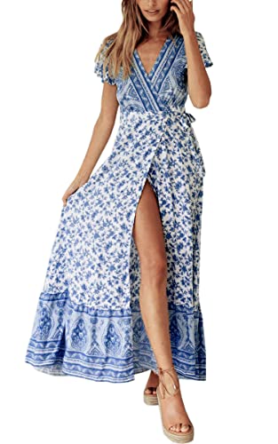 ECOWISH Damen Kleider Boho Sommerkleid V-Ausschnitt Maxikleid Kurzarm Strandkleid Lang mit Schlitz Hellblau L von ECOWISH