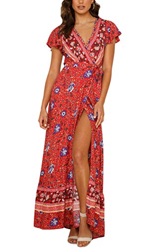 ECOWISH Damen Kleider Boho Sommerkleid V-Ausschnitt Maxikleid Kurzarm Strandkleid Lang mit Schlitz Rot L von ECOWISH