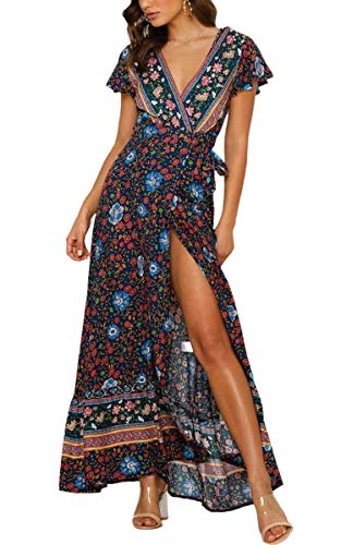 ECOWISH Damen Kleider Boho Sommerkleid V-Ausschnitt Maxikleid Kurzarm Strandkleid Lang mit Schlitz Schwarz Blau XL von ECOWISH