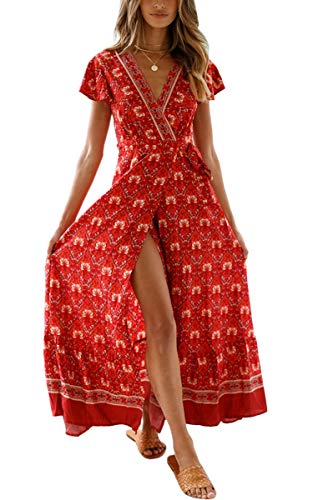 ECOWISH Damen Kleider Boho Sommerkleid V-Ausschnitt Maxikleid Kurzarm Strandkleid Lang mit Schlitz Weinrot L von ECOWISH