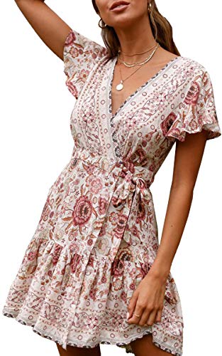 ECOWISH Damen Kleider Boho Vintage Sommerkleid V-Ausschnitt A-Linie Minikleid Swing Strandkleid mit Gürtel 045 Beige M von ECOWISH