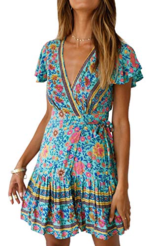 ECOWISH Damen Kleider Boho Vintage Sommerkleid V-Ausschnitt A-Linie Minikleid Swing Strandkleid mit Gürtel 045 Grün L von ECOWISH