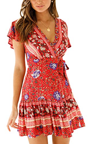 ECOWISH Damen Kleider Boho Vintage Sommerkleid V-Ausschnitt A-Linie Minikleid Swing Strandkleid mit Gürtel 045 Weinrot M von ECOWISH