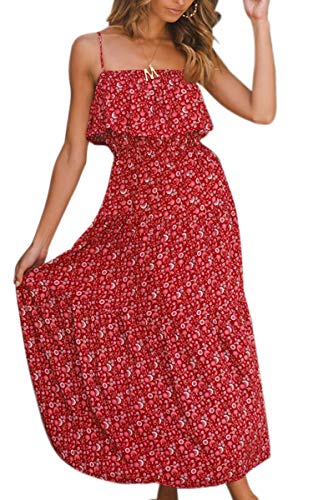 ECOWISH Damen Kleider Lang Boho Sommerkleider Träger Rückenfrei Casual Midi Strandkleid Rot S von ECOWISH