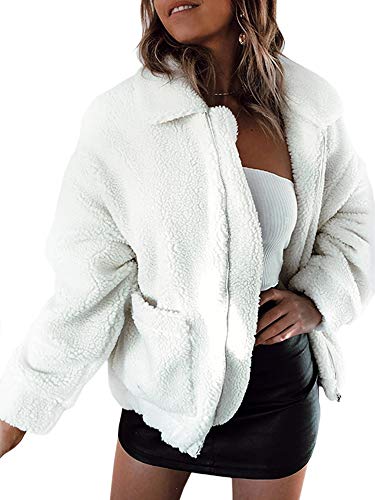 ECOWISH Damen Mantel Revers Faux Für Lose Langarm Outwear Tasche Reißverschluss Winterjacke Mode Kurz Coat 0974Weiß L von ECOWISH