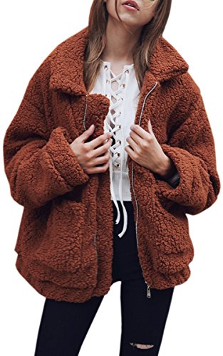 ECOWISH Damen Mantel Revers Faux Für Lose Langarm Outwear Tasche Reißverschluss Winterjacke Mode Kurz Coat Kaffee S von ECOWISH