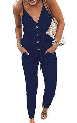 ECOWISH Damen-Overall mit V-Ausschnitt, Spaghettiträger, Kordelzug an Taille, Lange Hosen Gr. Medium, 870 Navy Blue von ECOWISH