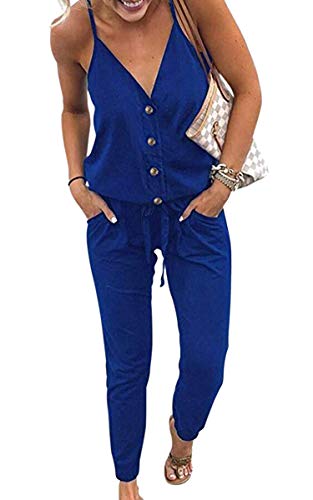 ECOWISH Damen-Overall mit V-Ausschnitt, Spaghettiträger, Kordelzug an Taille, Lange Hosen Gr. Small, 870 Blue von ECOWISH