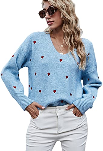 ECOWISH Damen Pullover mit V-Ausschnitt, Herz-Druck, Strick, locker, lässig, langärmelig, gerippter Saum und Manschette, Winter-Tops - Blau - Groß von ECOWISH